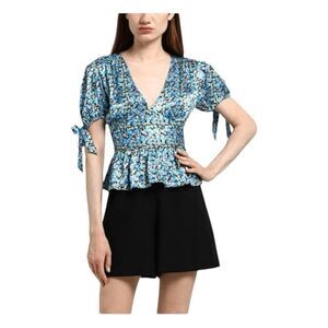 Top Shop Floral Print Corset Top Blue Purple Green V-Neck Peplum Puff Sleeves 4